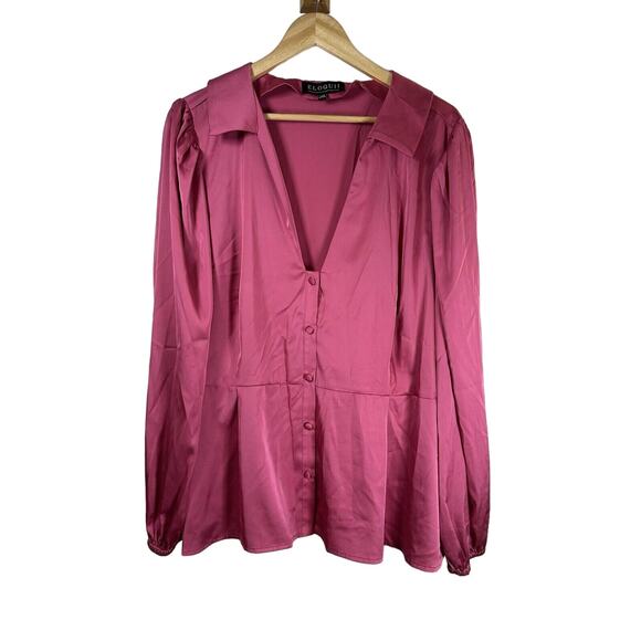 Eloquii‎ Fuscia Long Sleeve V-neck Button Up Blouse Plus Woman’s 245 - Picture 1 of 9